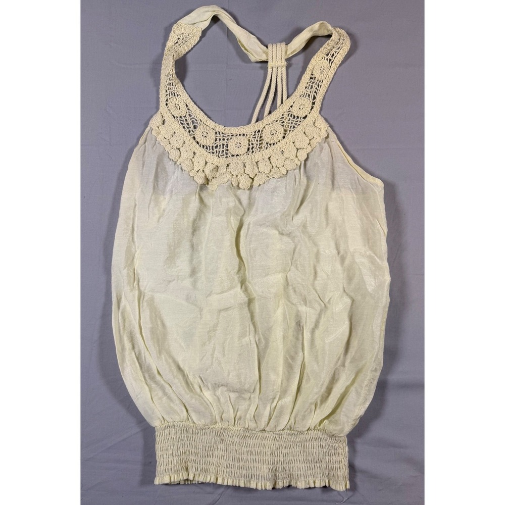 Millenium Cream Crochet Lace Halter Top Smocked Waist Boho Racerback  Women's M